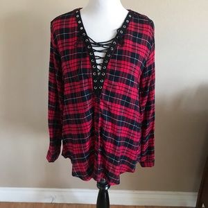Plaid Long Sleeve Lace-up Top